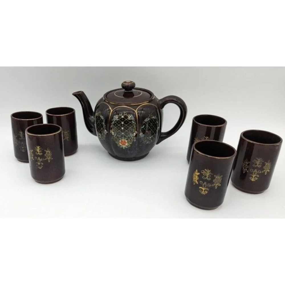 Vintage Made in Japan Brown Ceramic Floral Teapot and 6 Cup Tea Set Gold‎ Trim
